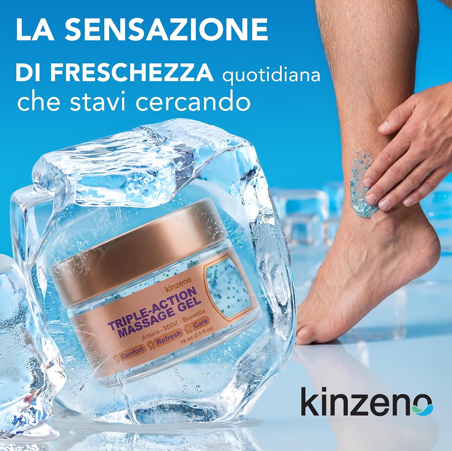 Kinzeno massage gel jar inside an ice block next to a person applying the gel to the ankle