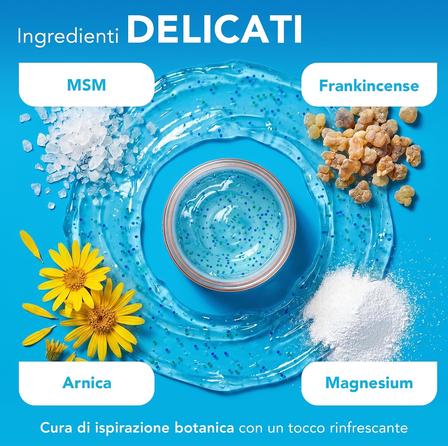 Kinzeno gel surrounded by MSM crystals, frankincense, arnica flowers and magnesium powder